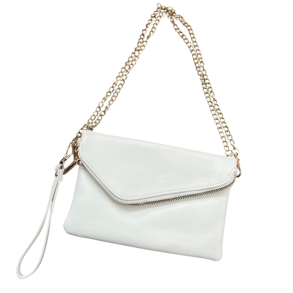 White Convertible Clutch Crossbody Bag Gold Chain Strap Wristlet‎ Purse